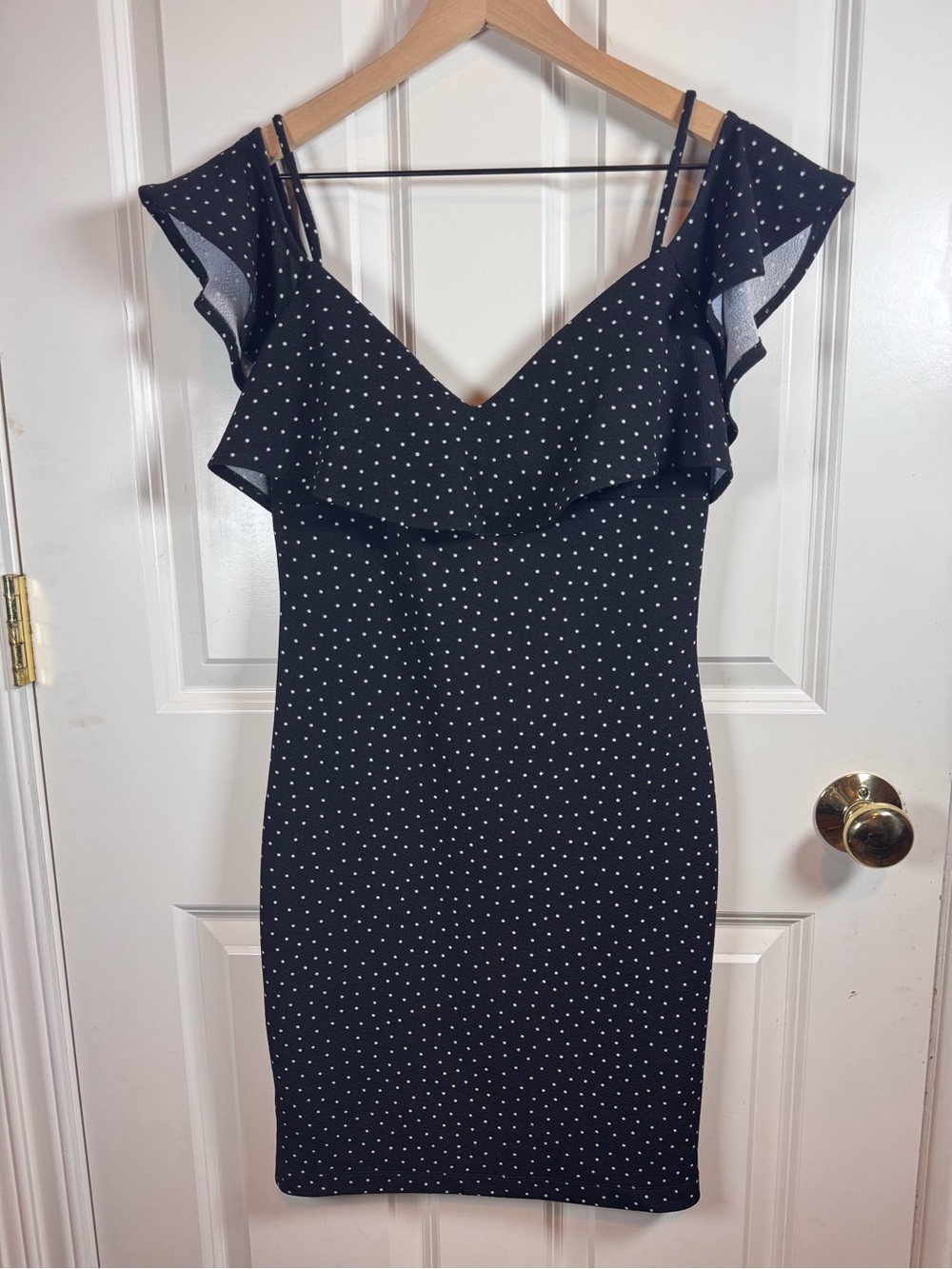 Emerald Sundae Black White Polka Dot Ruffle Flutter Sleeve Dress M LBD